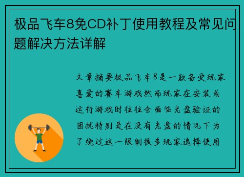 极品飞车8免CD补丁使用教程及常见问题解决方法详解